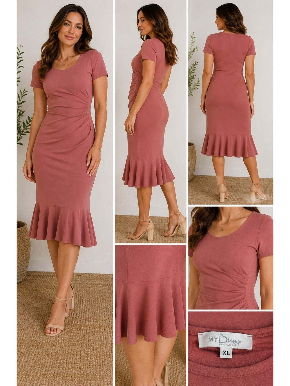 My Dunne Women’s XL Dusty Rose Ruched Ruffle Hem Midi Dress Stretch USA Made